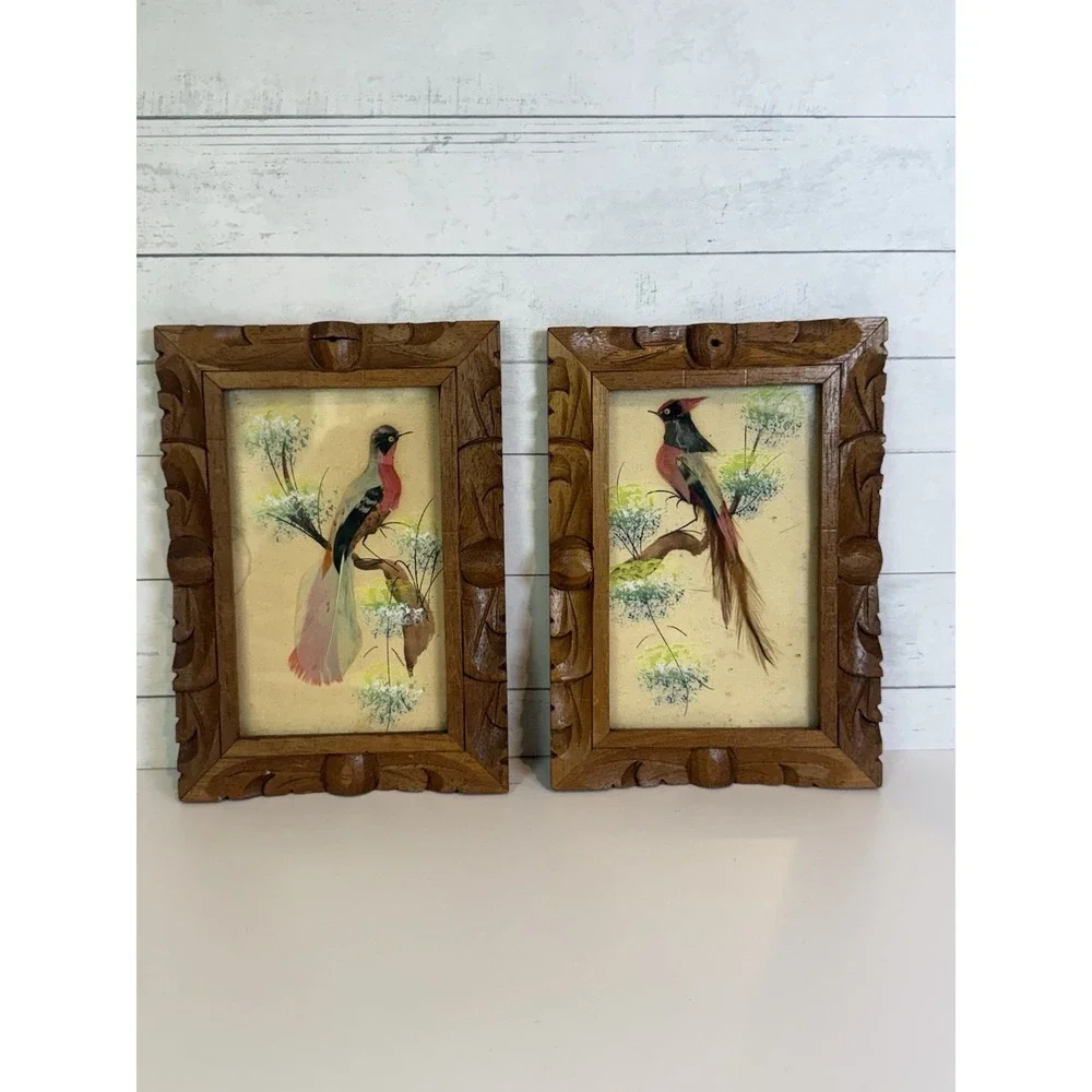 Vintage Set of 2 Feather Bird Art Pictures Carved Wood Frames Mexico